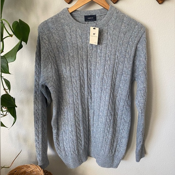 amber Sweaters - Amber Australian Lambswool Cable Knit Crew Neck Sweater Blue Grey Marbled NWT
